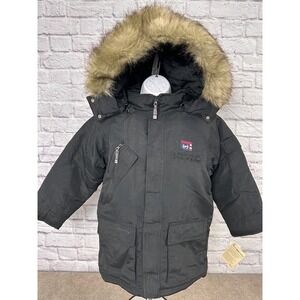 Vintage Phat Farm Kids Black Hooded Faux Fur Trimmed Winter Parka‎ Jacket Size 5